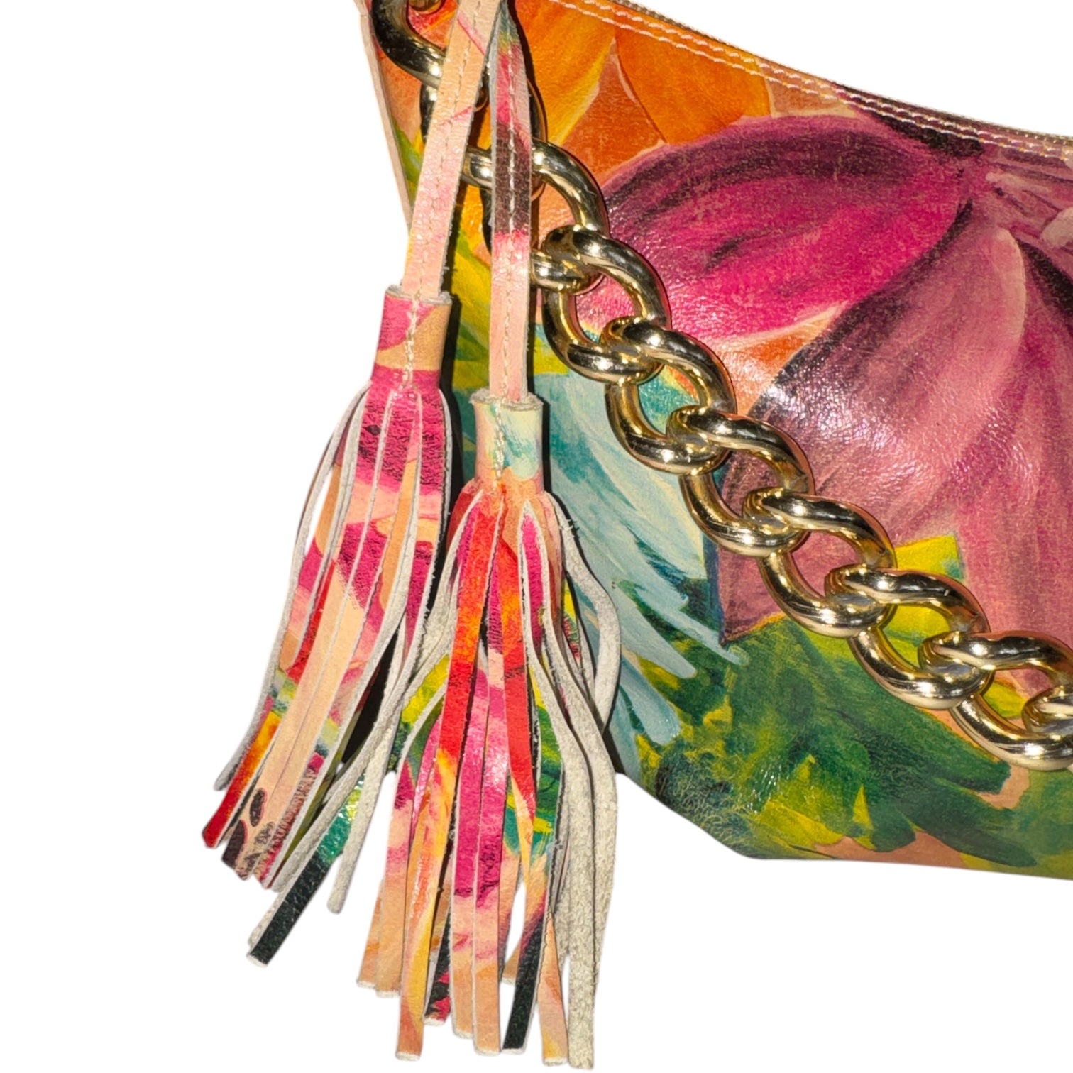Maurizio Taiuti Italian Leather Floral Shoulder Bag with Gold Chain & Tassel