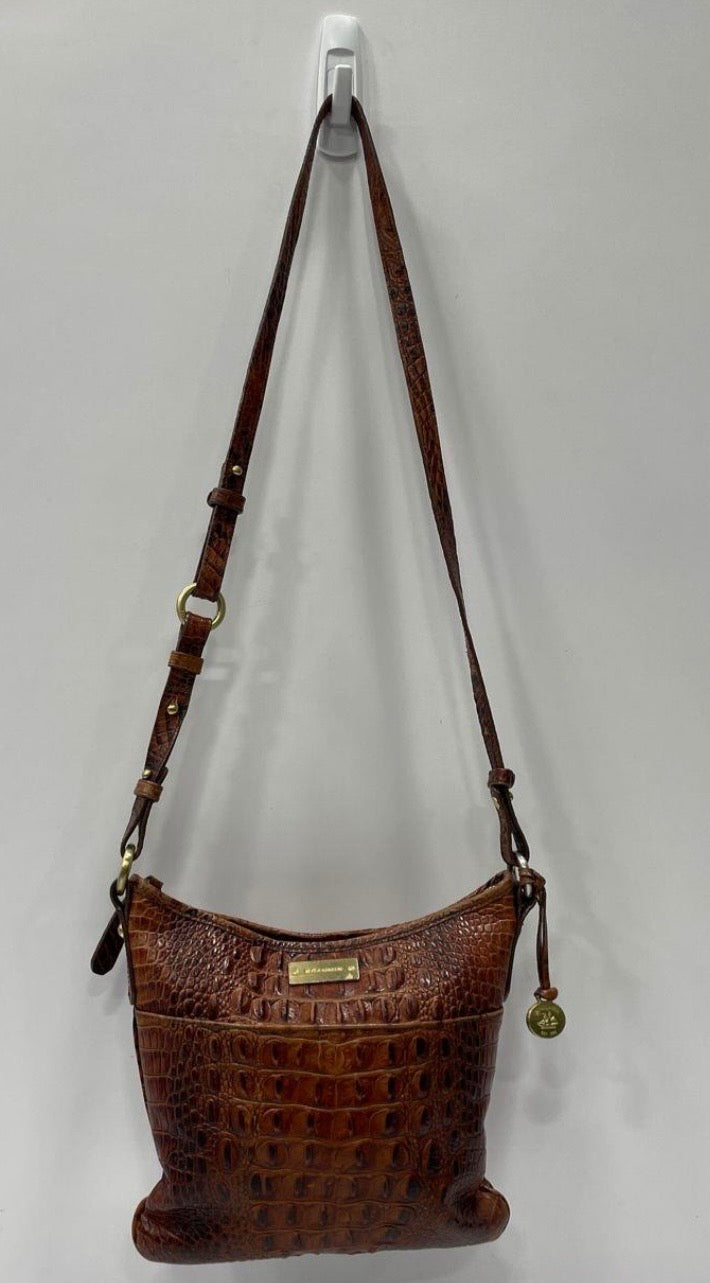 Brahmin Pecan Brown Croc-Embossed Leather Crossbody Shoulder Bag