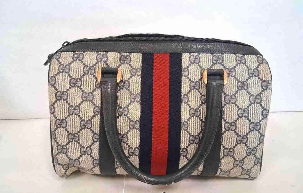 True Vintage 1970s Gucci GG Supreme Navy Blue Web Boston Bag Satchel w/ COA