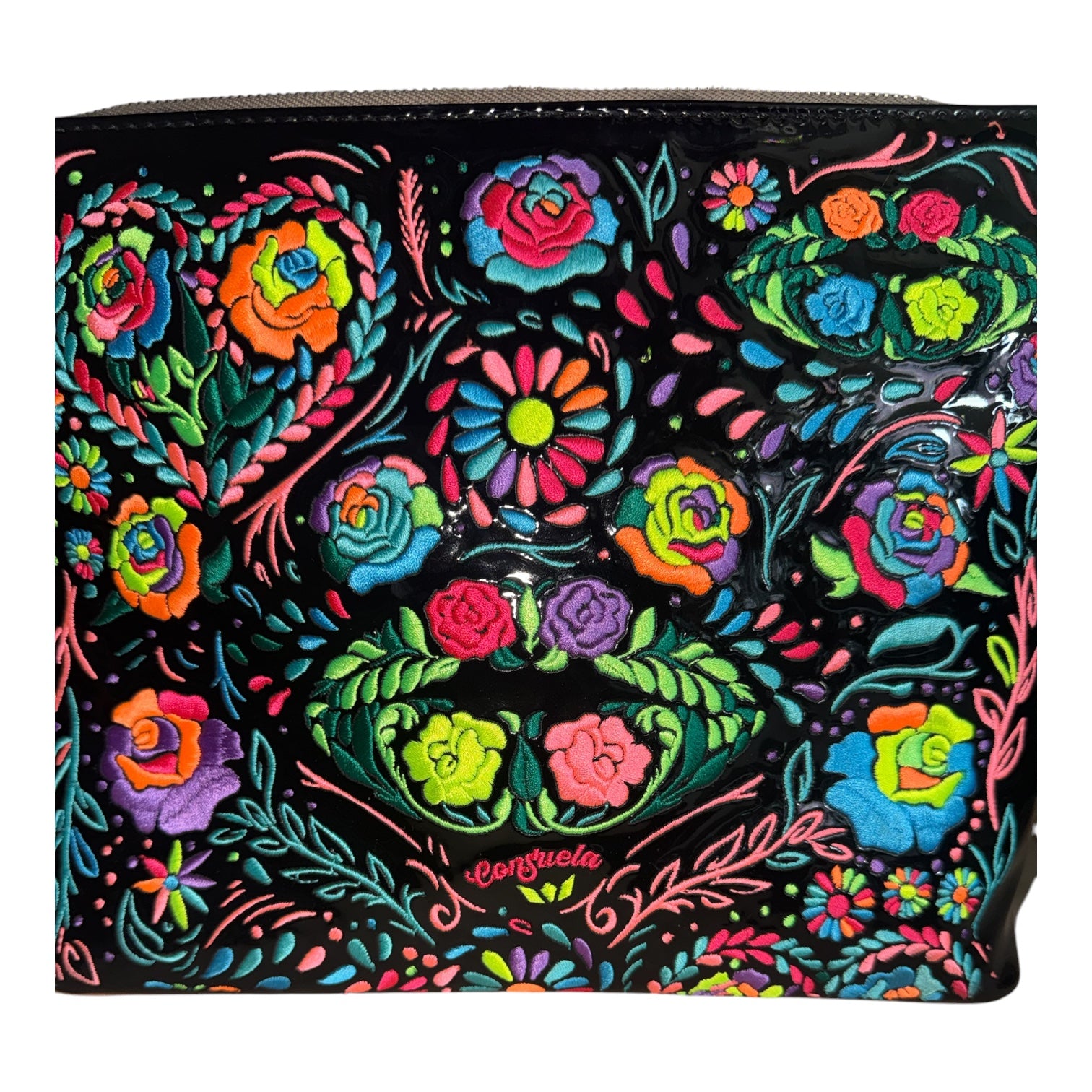 Consuela "Rita" Downtown Crossbody Bag – Black Patent & Neon Floral Embroidery