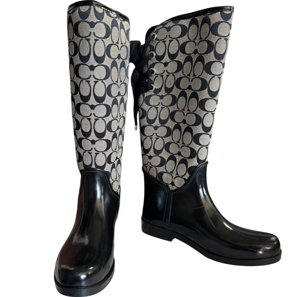 Coach Signature C Black Lace-Up Tall Rain Boots