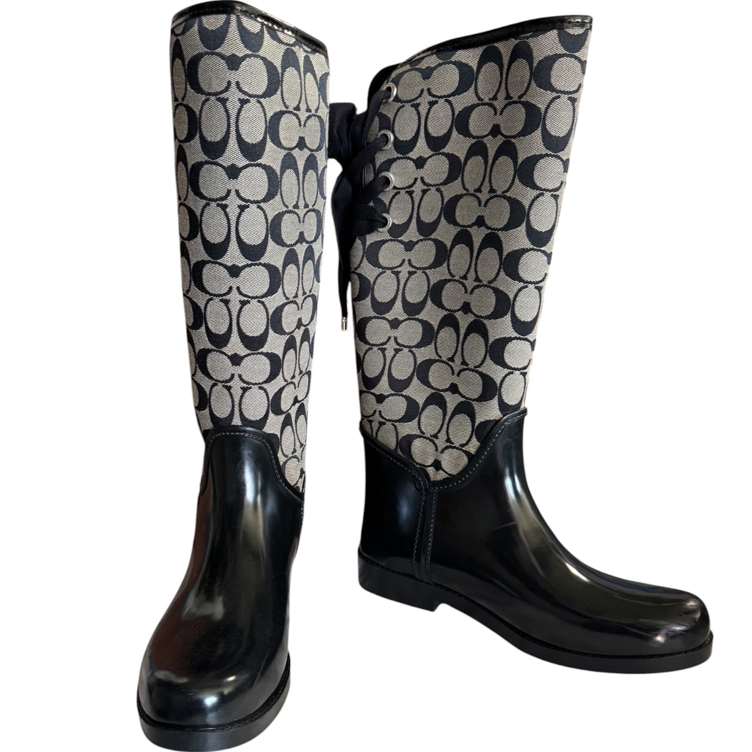 Coach Signature C Black Lace-Up Tall Rain Boots