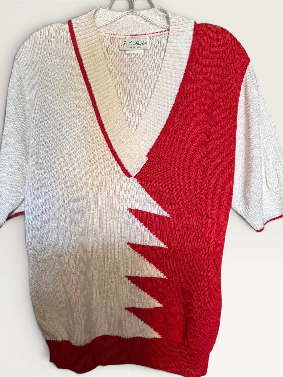 J. T. Martin Red & White Geometric V-Neck Sweater