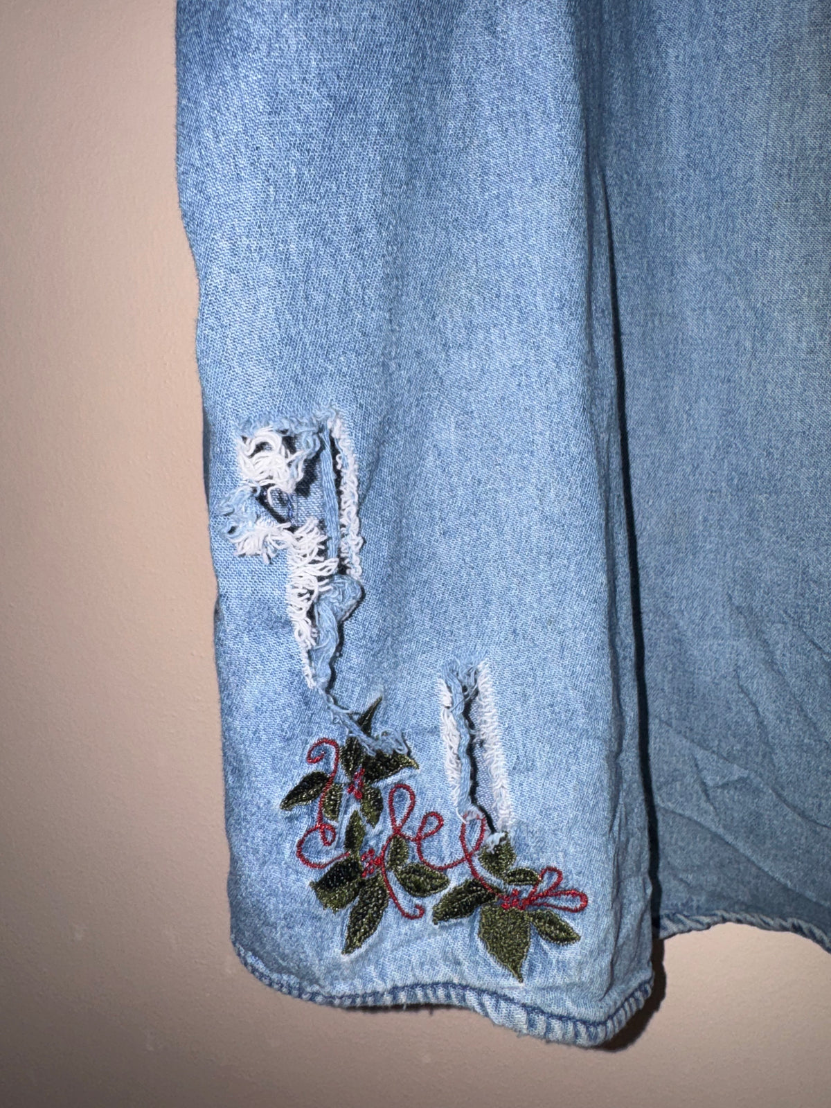 Vintage Floral Holly Embroidered Distressed Denim Shirt