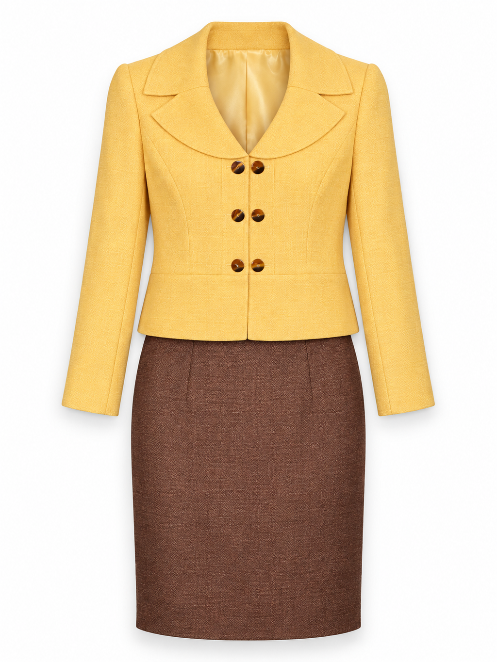 Le Suit Yellow Jacket & Brown Skirt Two-Piece Suit