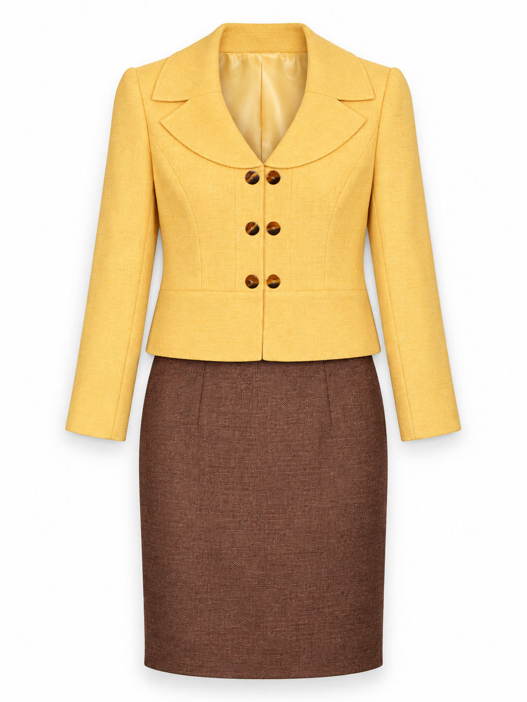 Le Suit Yellow Jacket & Brown Skirt Two-Piece Suit
