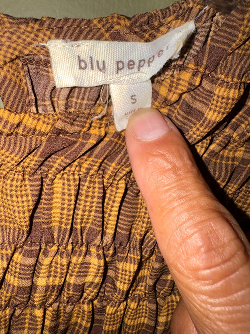 Blu Pepper Plaid Smocked Peplum Blouse