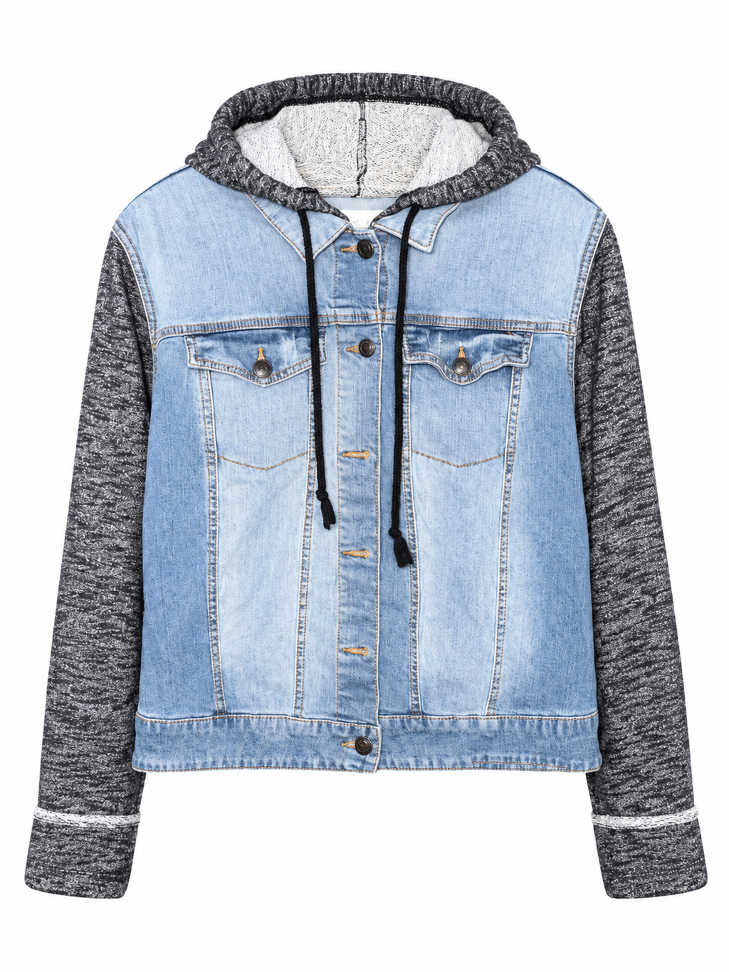 Denim Jacket with Knit Hood & Sleeves