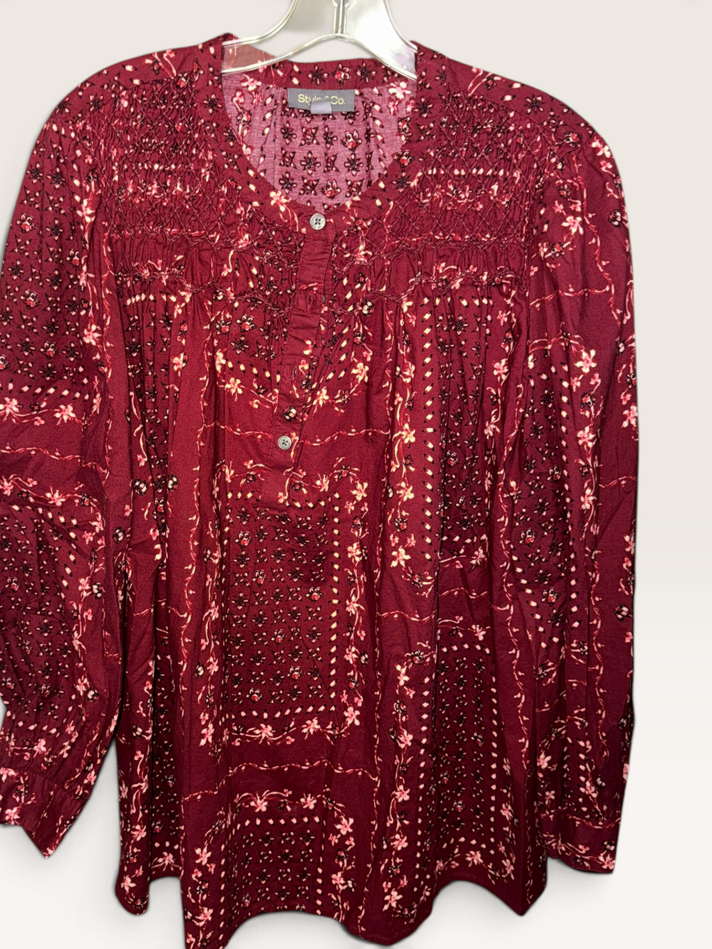Style & Co. Burgundy Floral Smocked Blouse