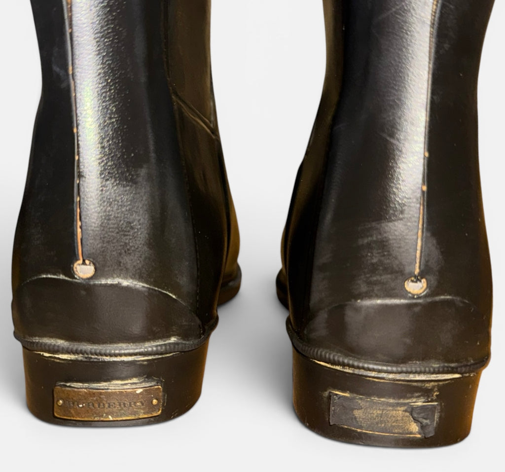 Burberry Vintage Black Equestrian Tall Rain Boots Nova Check