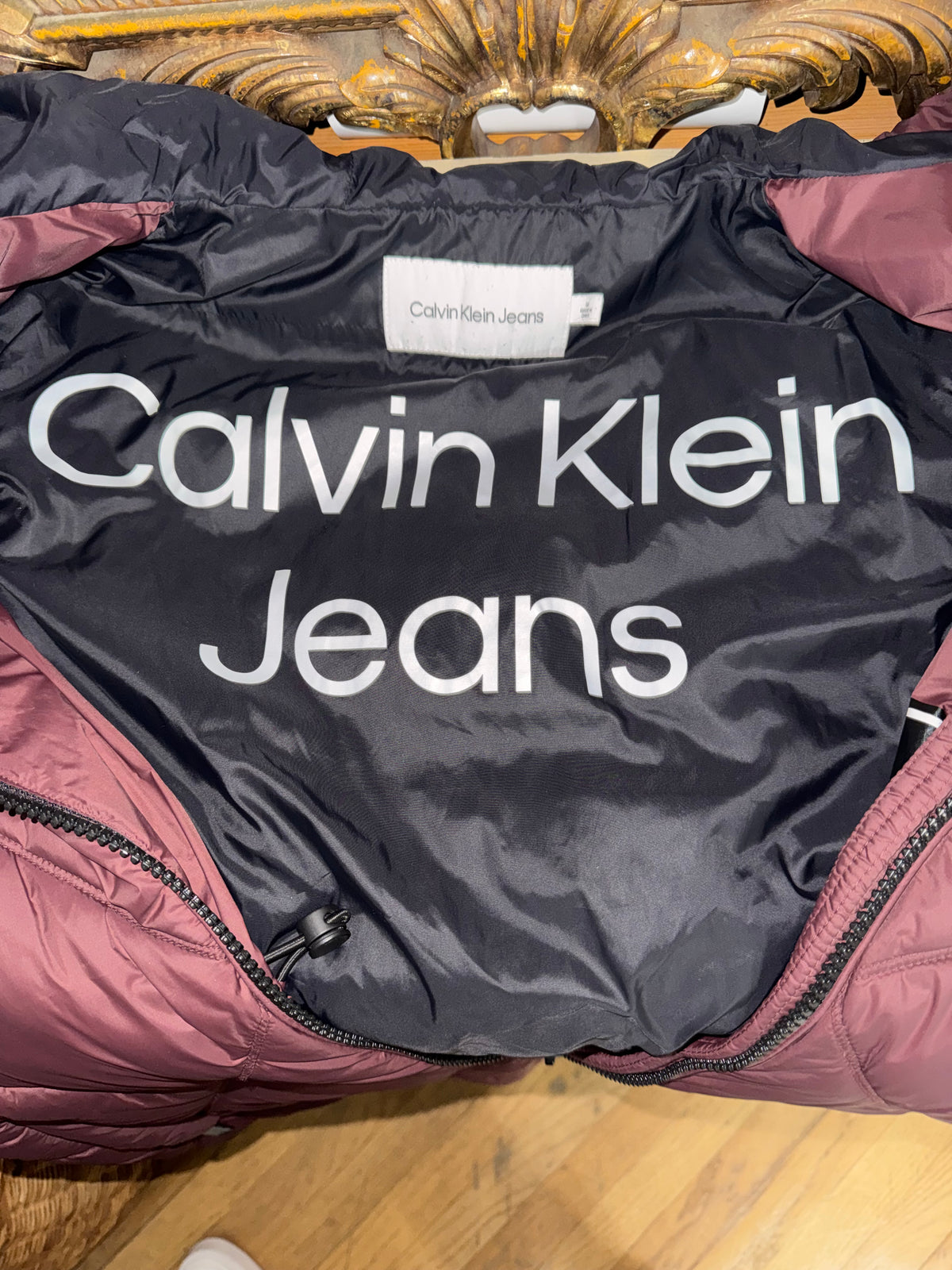Calvin Klein Jeans Burgundy Hooded Quilted Long Coat
