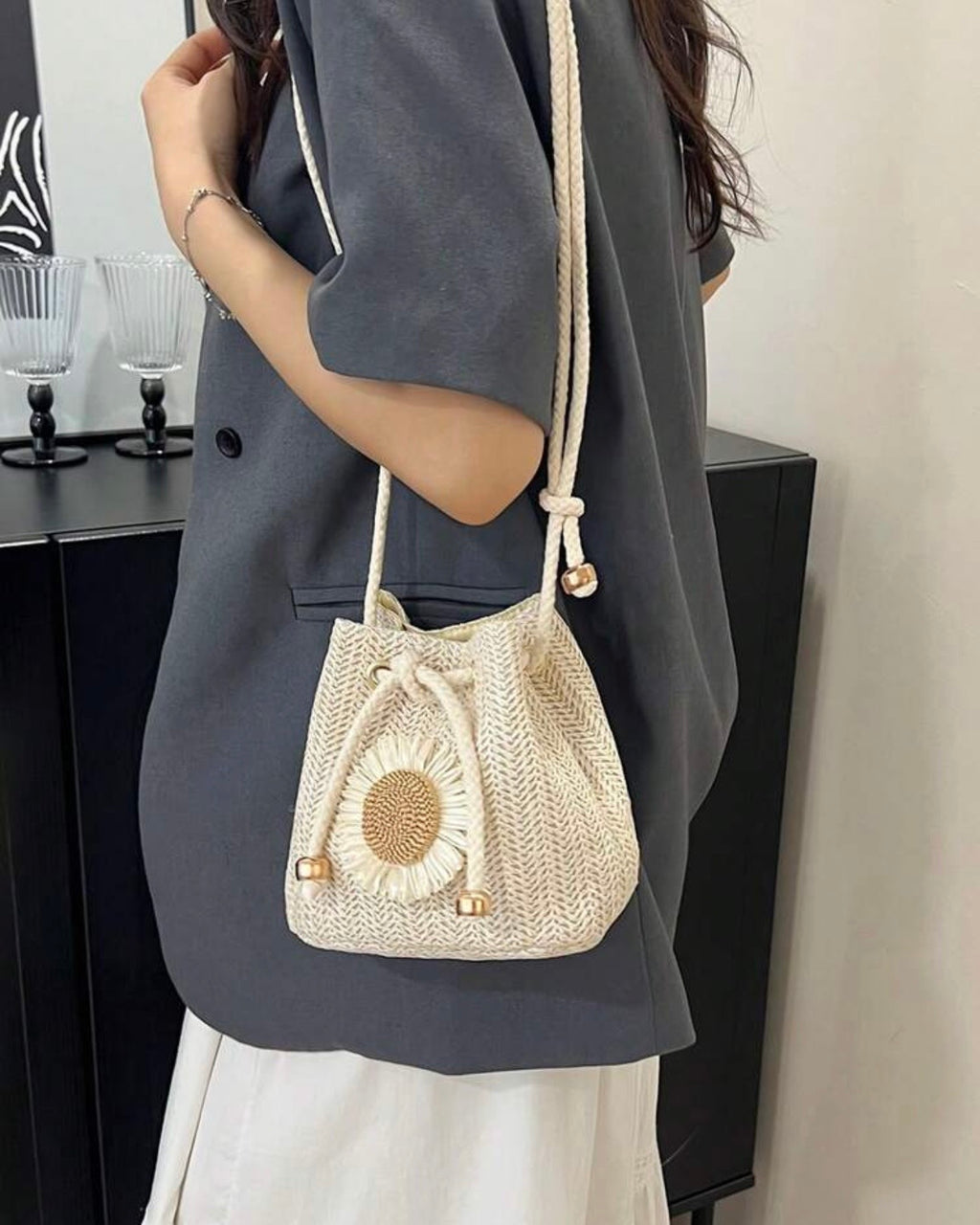 Cream Daisy Woven Bucket Crossbody Bag
