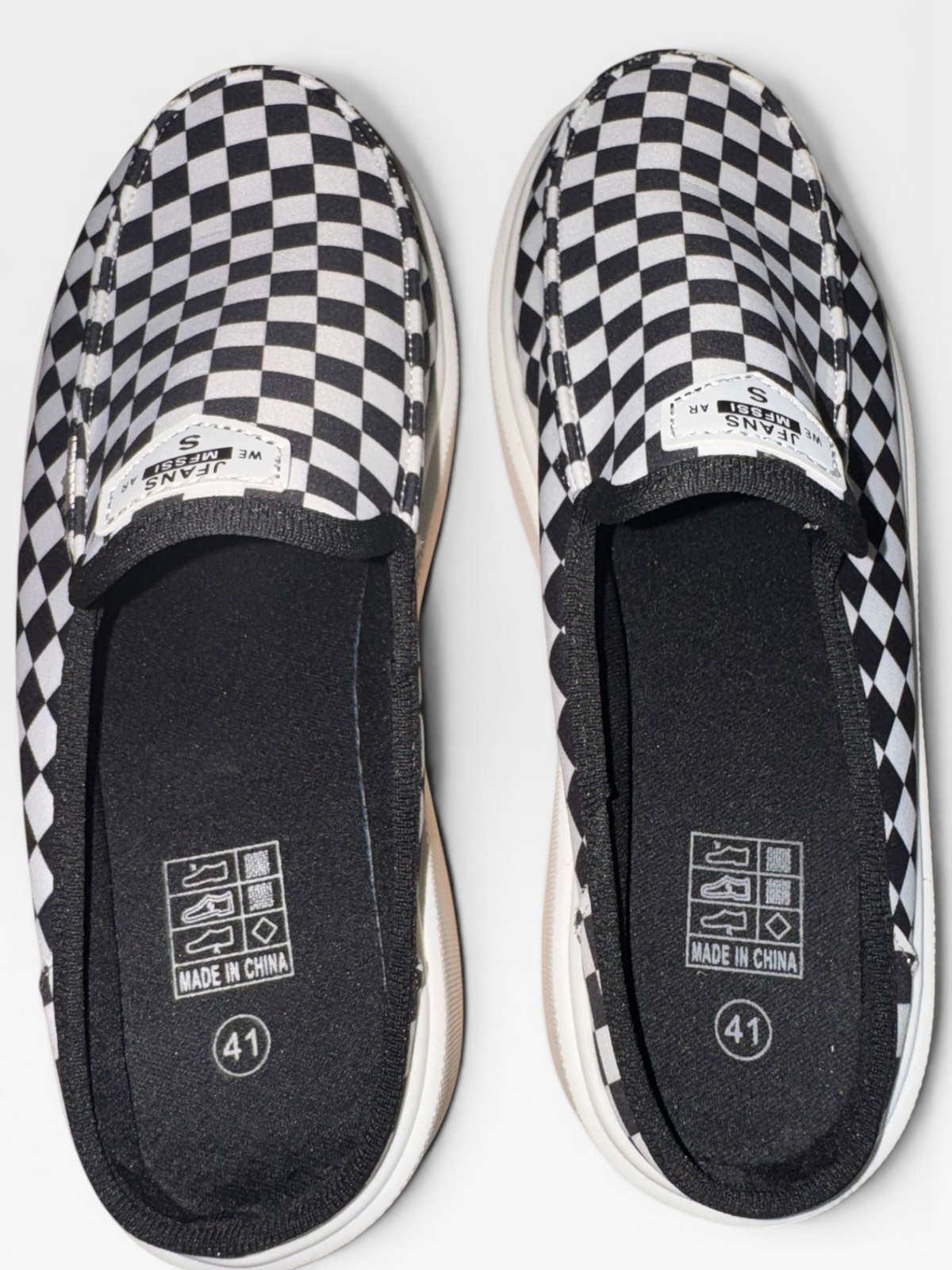 JFANS Black & White Checkered Slip-On Mule Shoes