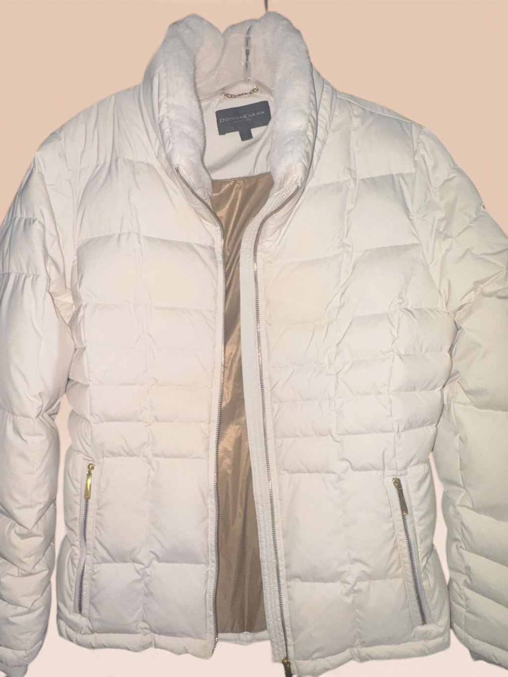 Donna Karan New York Ivory Puffer Jacket with Detachable Hood & Fur Trim