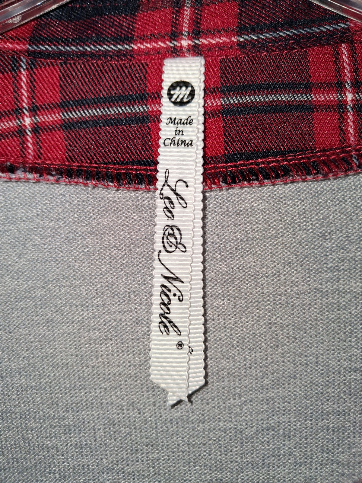 Leo & Nicole Gray Sweater with Red Plaid Trim
