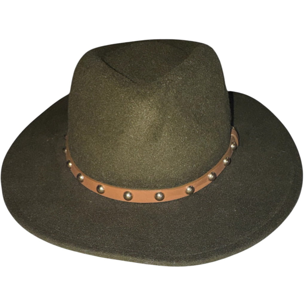 Olive Green Wide Brim Fedora Hat with Studded Band | Boho Western Rancher Style
