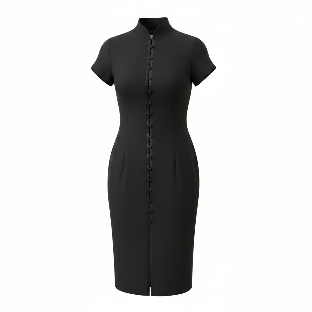 Jones Wear Petite Vintage Black Mandarin Collar Button Front Sheath Dress
