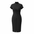 Jones Wear Petite Vintage Black Mandarin Collar Button Front Sheath Dress