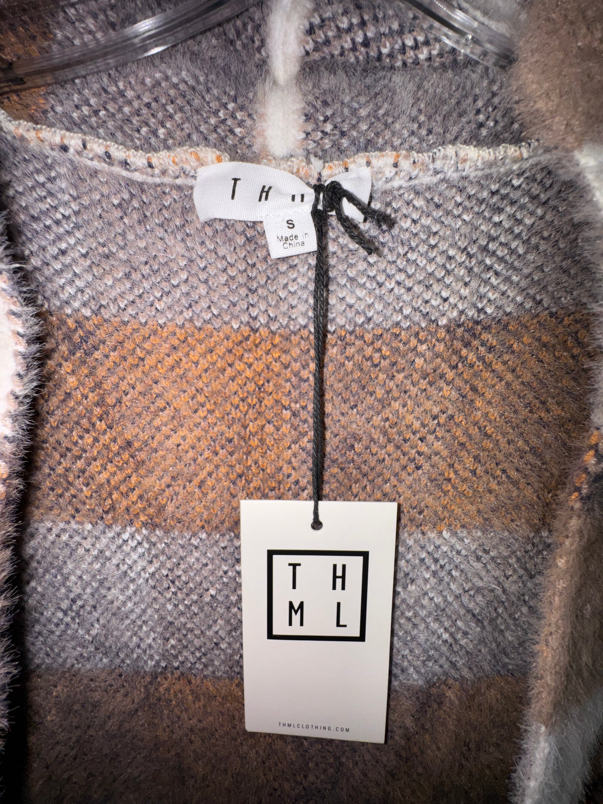 THML Orange & Gray Plaid Longline Cardigan