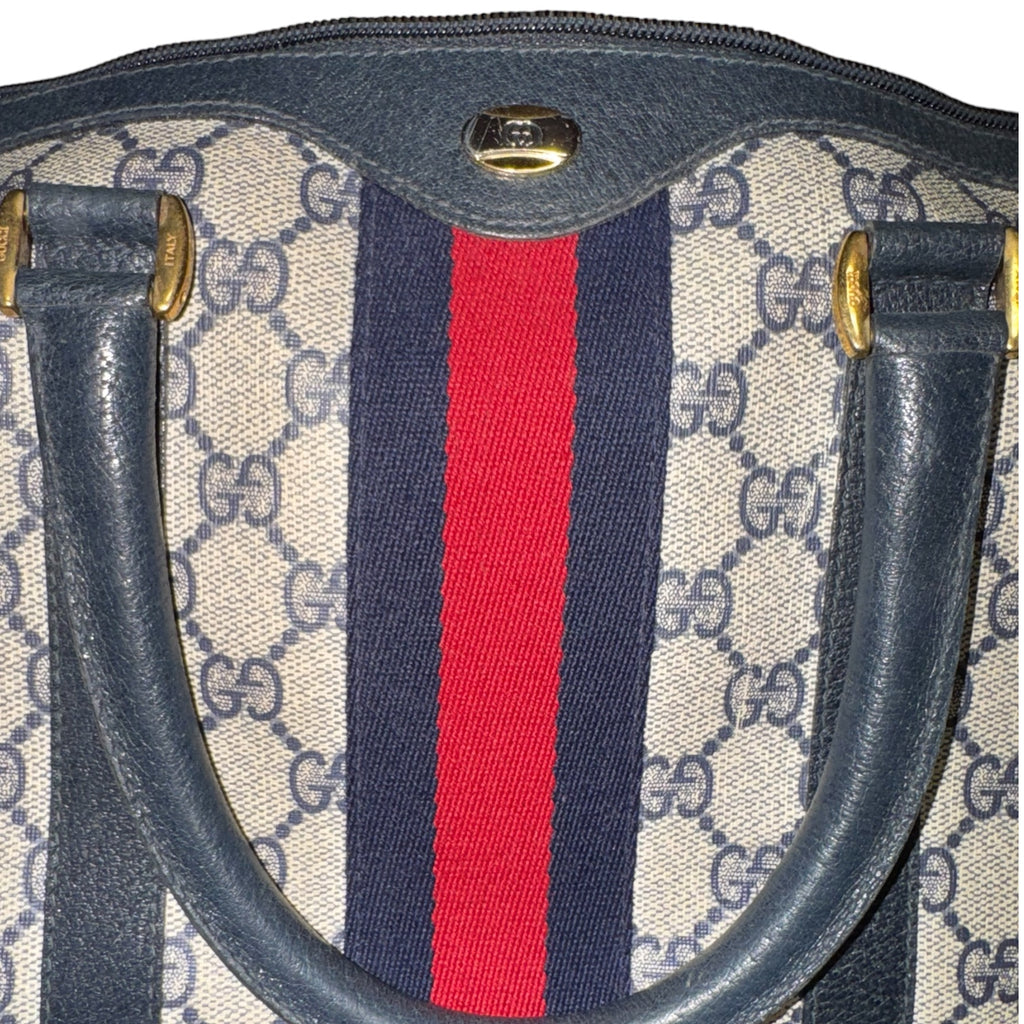 True Vintage 1970s Gucci GG Supreme Navy Blue Web Boston Bag Satchel w/ COA