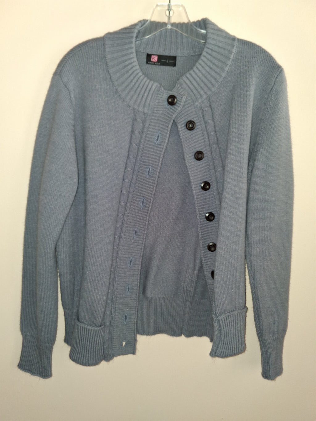 Kancy Kole Slate Blue Cable-Trim Cardigan Sweater
