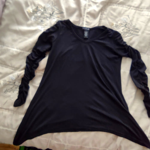Bunched sleeve black asymmetrical top