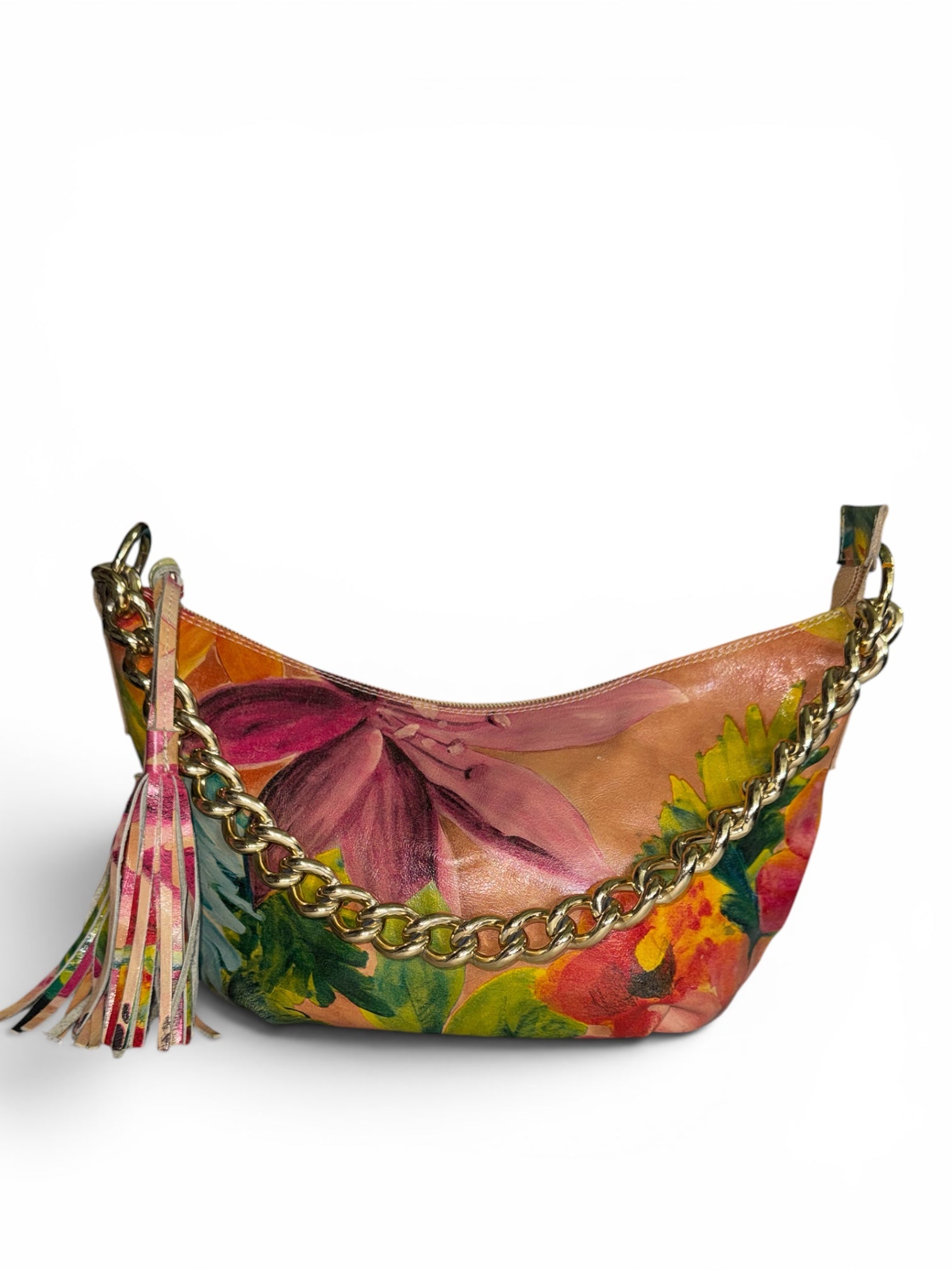 Maurizio Taiuti Italian Leather Floral Shoulder Bag with Gold Chain & Tassel