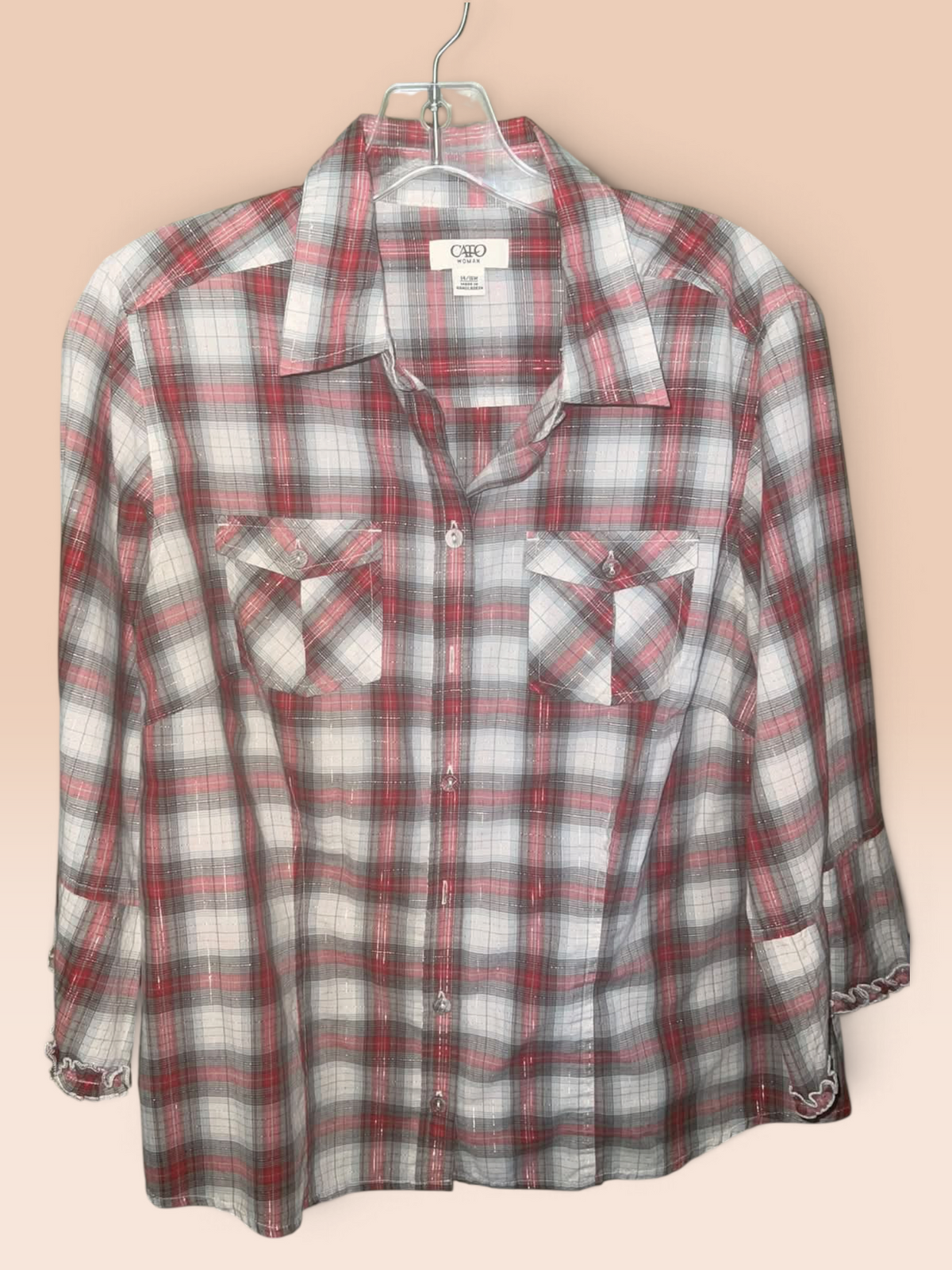 Cato Pink & Gray Shimmer Plaid Button-Up Shirt