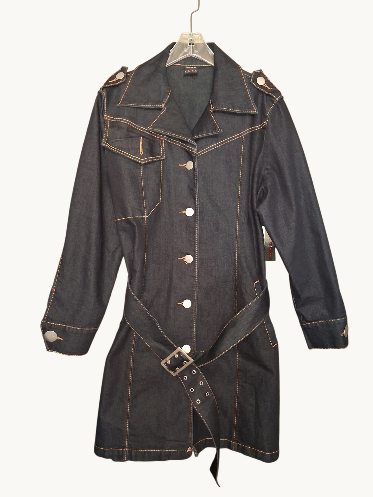 FUBU The Collection Dark Denim Belted Trench Coat