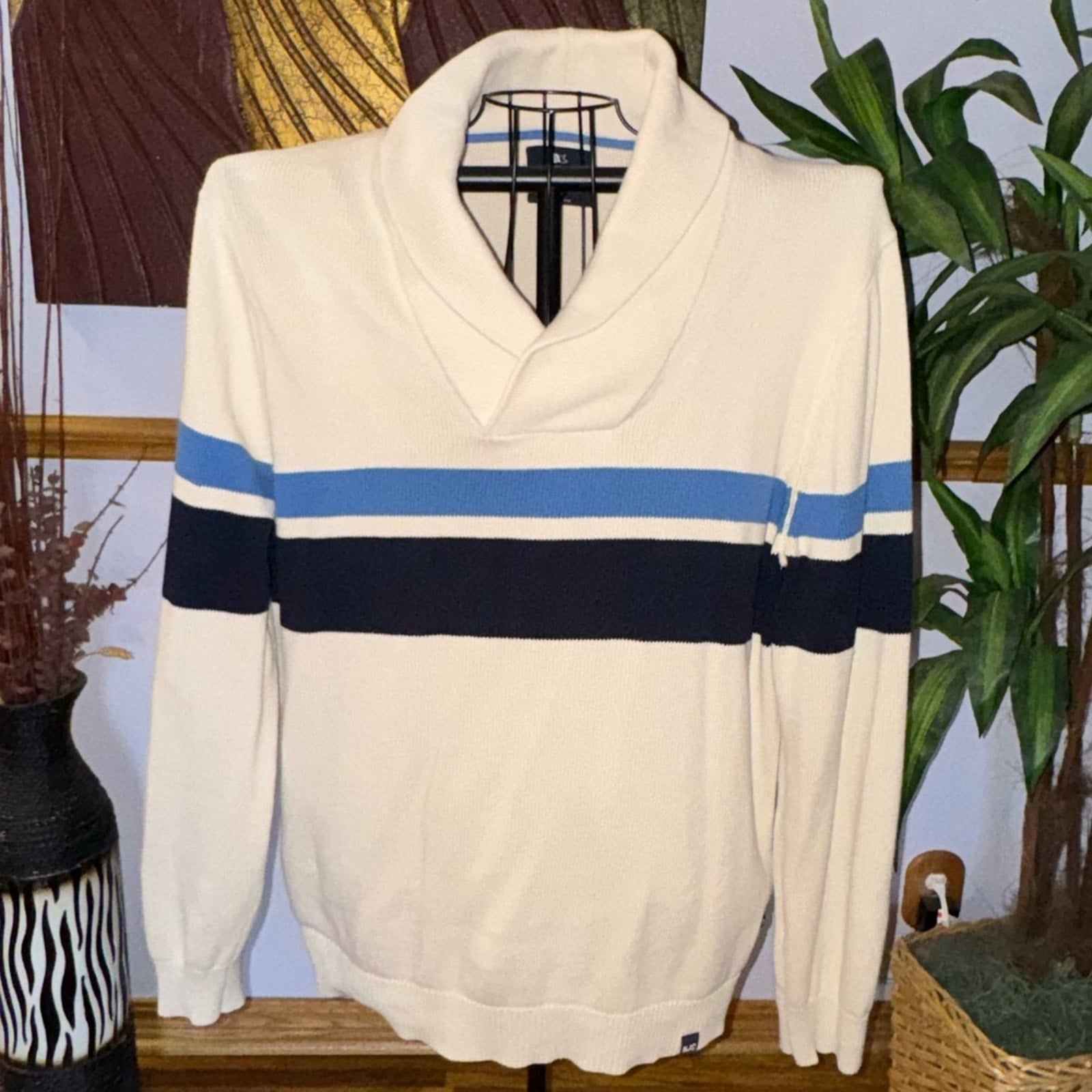 Nautica Men's Turtleneck Sweater in Cream with Blue and Black Stripes
