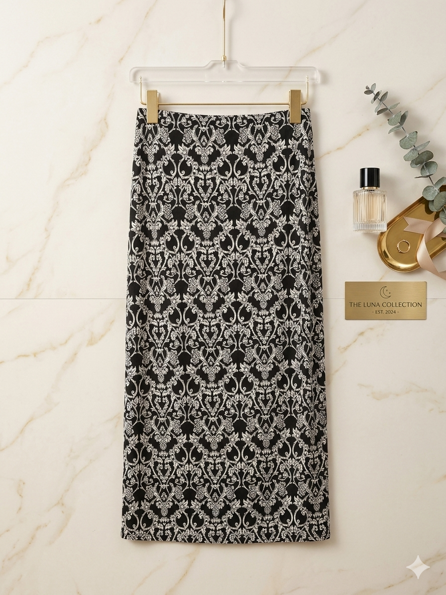 Michael P. Damask Midi Skirt XL – Black & White Baroque Print Slit Skirt