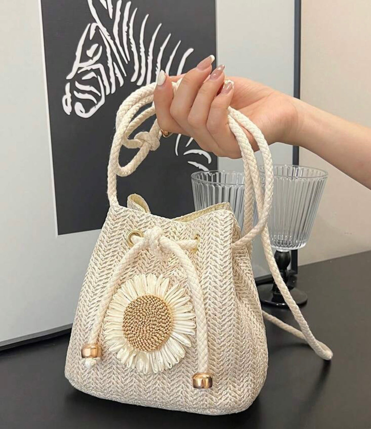 Cream Daisy Woven Bucket Crossbody Bag