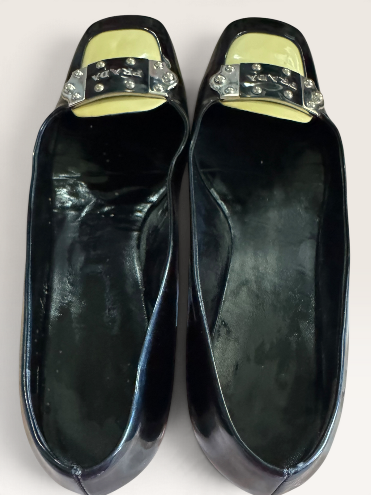 Vintage Prada Patent Leather Square-Toe Logo Pumps