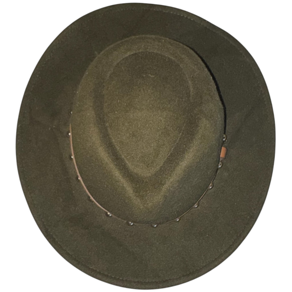 Olive Green Wide Brim Fedora Hat with Studded Band | Boho Western Rancher Style