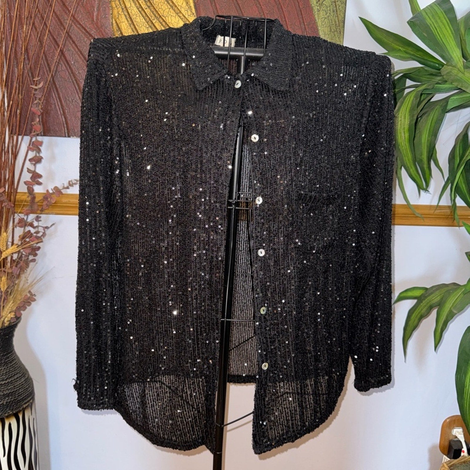 POL Black Sequin Button Down Shirt
