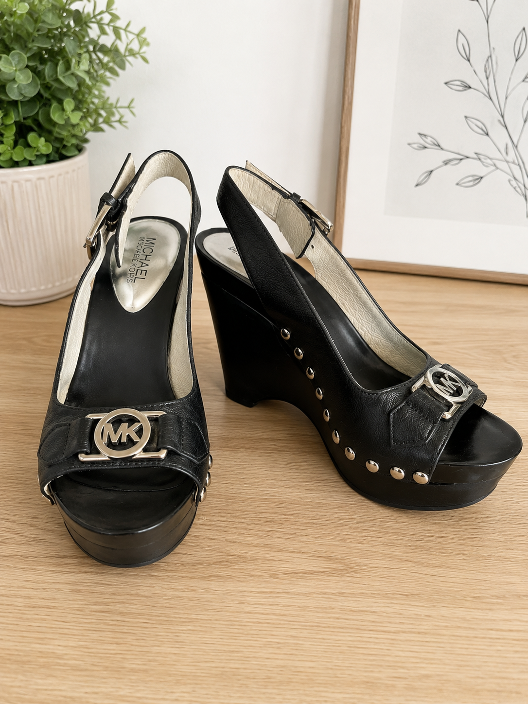 Michael Kors Black Leather Studded Platform Wedge Sandals