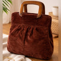 Vintage Style Brown Velvet Handbag Wood Handle Retro 70s Mod
