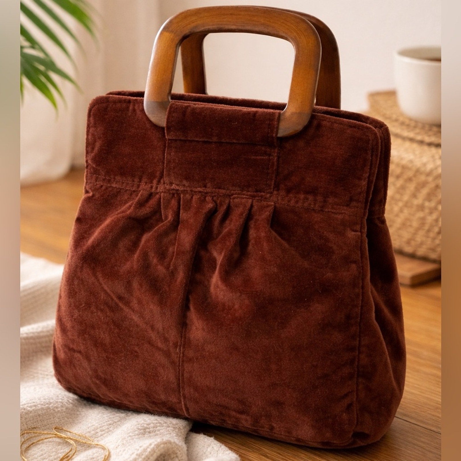 Vintage Style Brown Velvet Handbag Wood Handle Retro 70s Mod