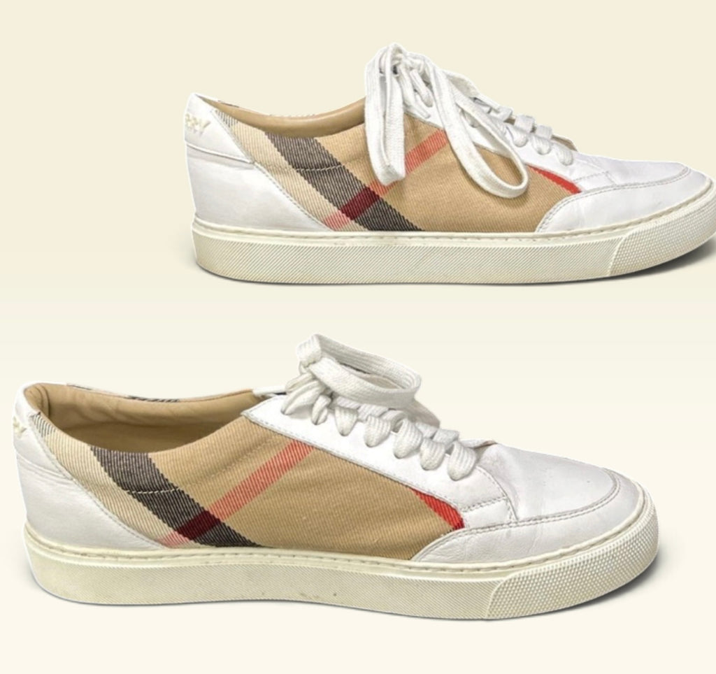 Burberry Vintage Check Low Top Sneakers Leather Canvas White Tan
