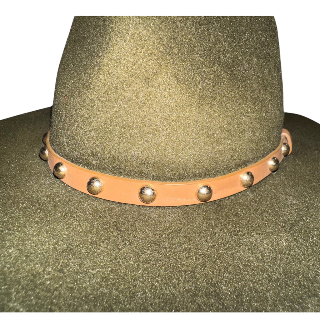 Olive Green Wide Brim Fedora Hat with Studded Band | Boho Western Rancher Style