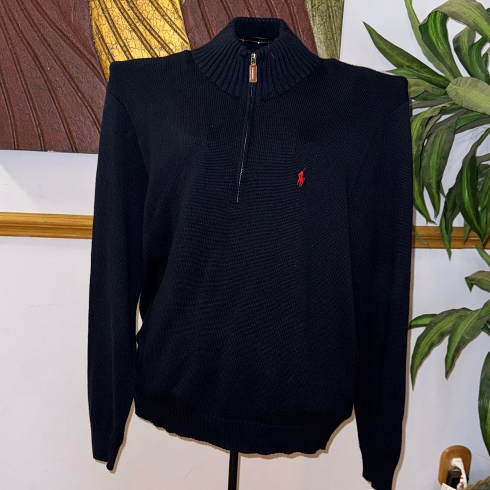 Ralph Lauren Men's Navy Zip-Up Sweater with Red Logo