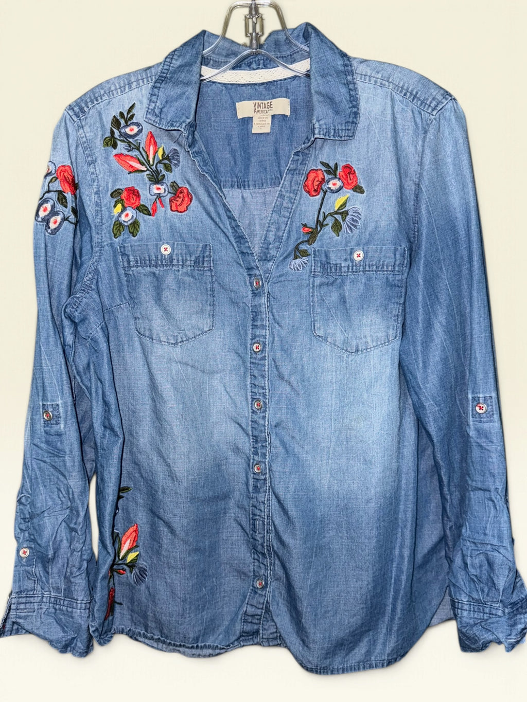 Vintage America Blues Floral-Embroidered Chambray Shirt