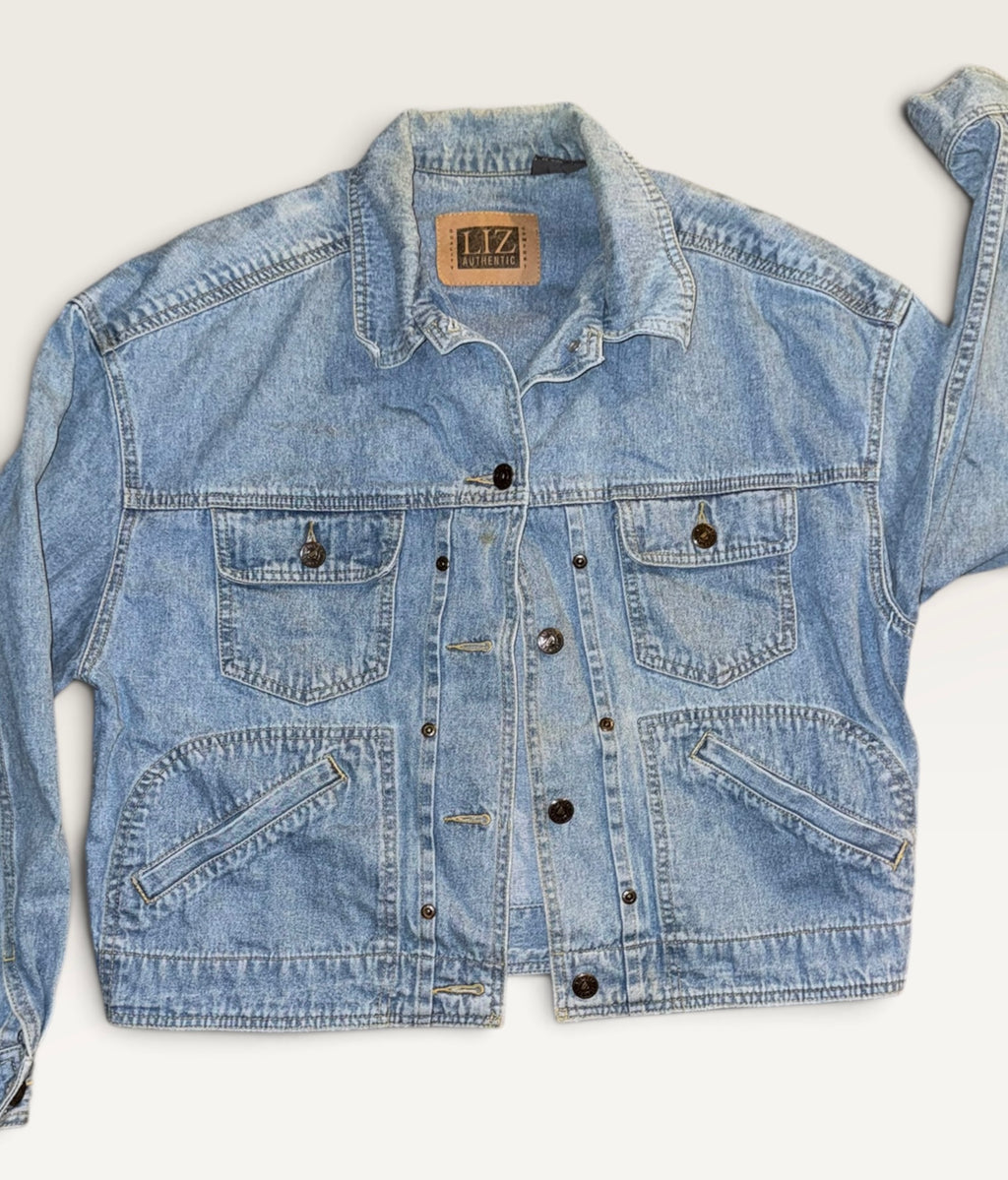 Liz Claiborne Authentic Light Wash Utility Denim Jacket with Detachable Shoulder Pads