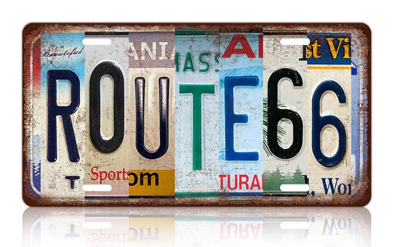 Vintage Route 66 License Plate Style Metal Wall Sign – Rustic Americana Decor