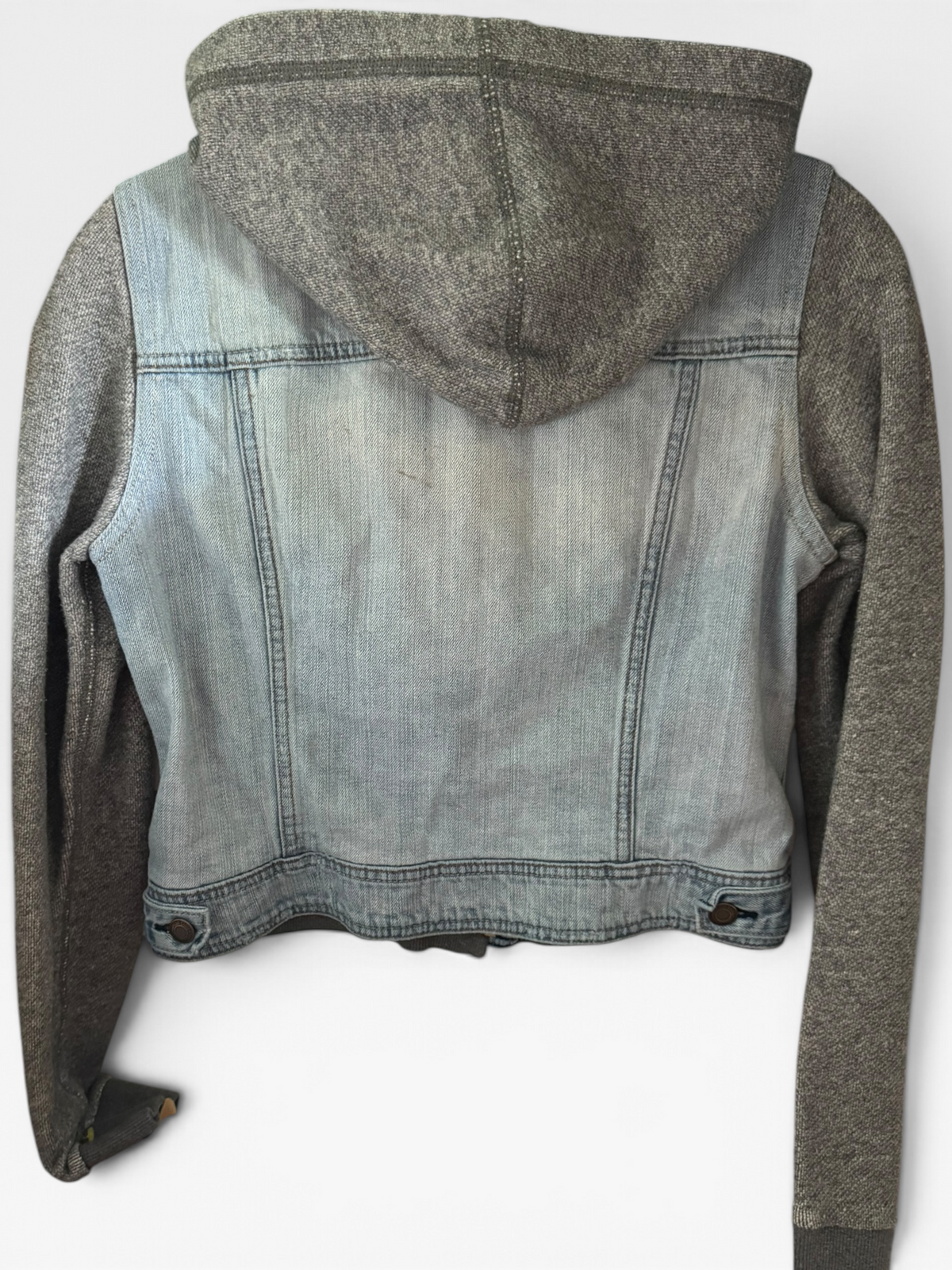 American Eagle Light-Wash Denim Jacket with Gray Hood & Knit Sleeves