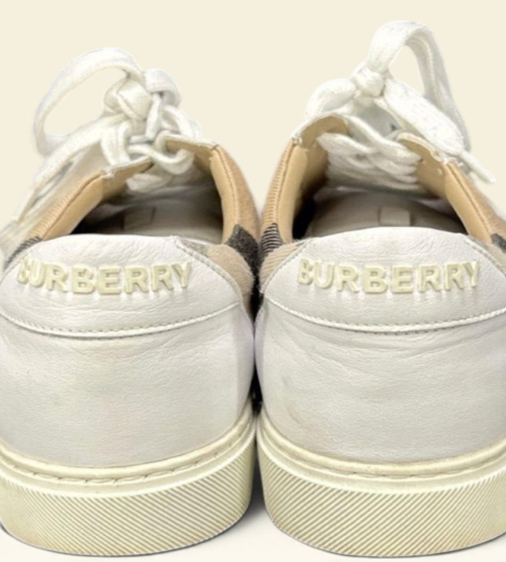 Burberry Vintage Check Low Top Sneakers Leather Canvas White Tan