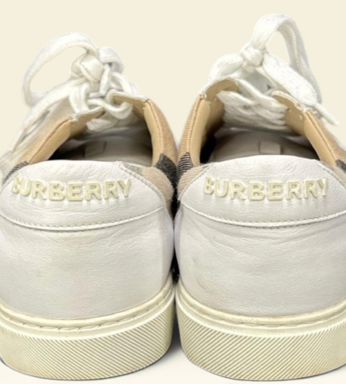 Burberry Vintage Check Low Top Sneakers Leather Canvas White Tan