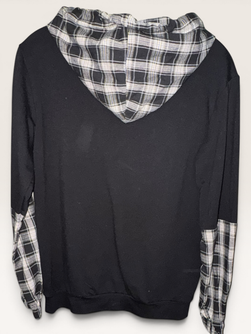 Black “WHAT?” Plaid-Accent Pullover Hoodie