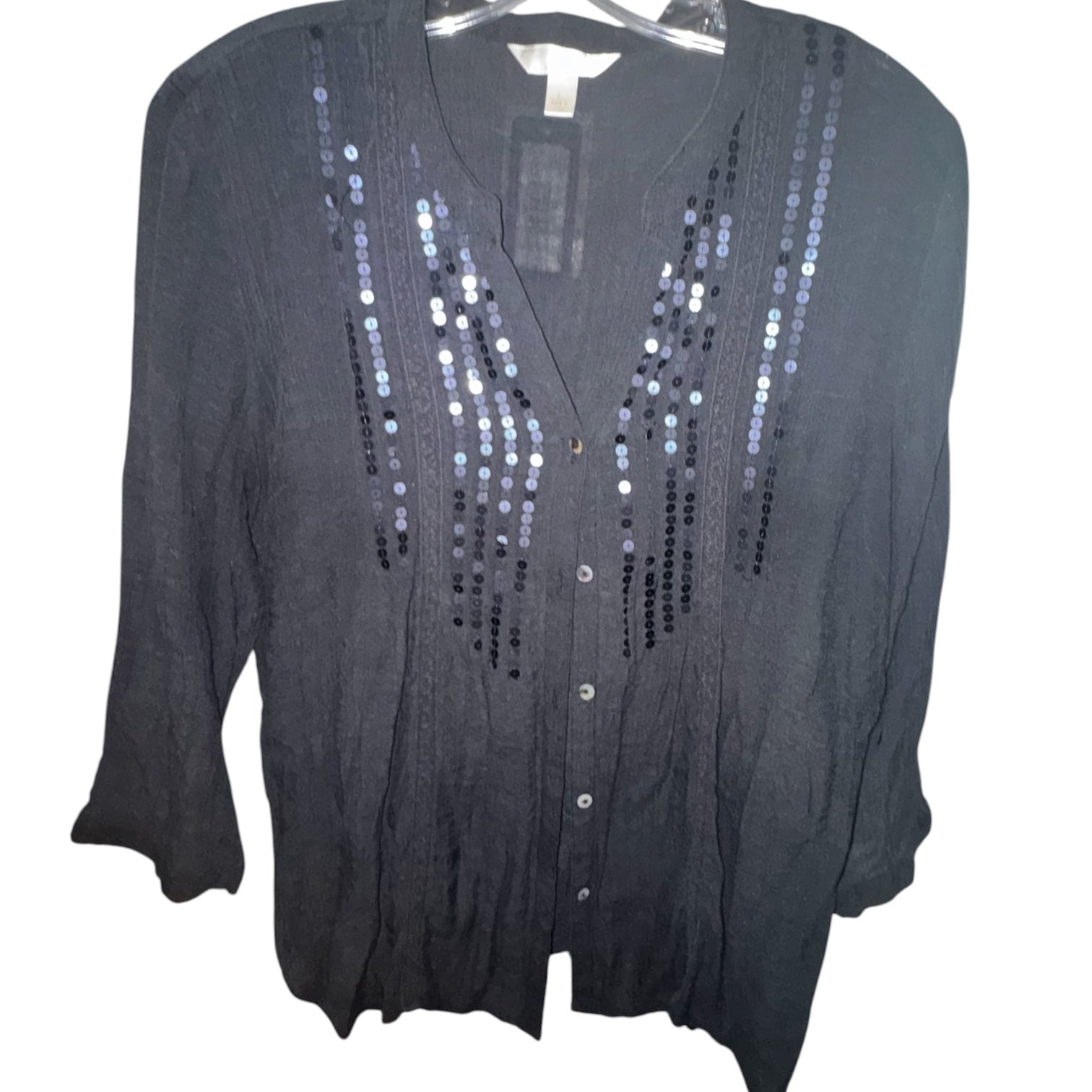 Black Crinkle Sequin Button Front Cardigan