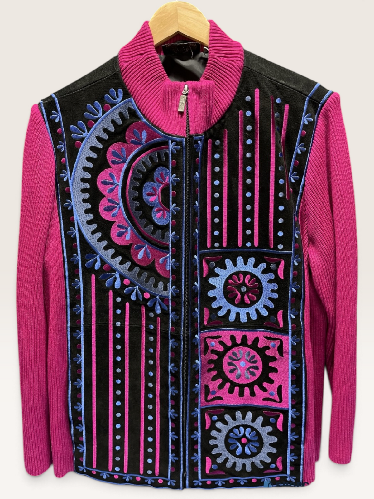 Vintage Bob Mackie Wearable Art Leather & Knit Embroidered Zip Jacket